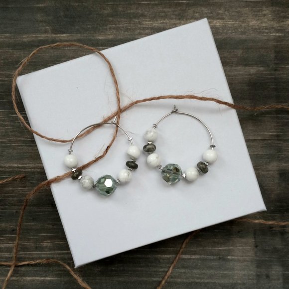 Artisan Jewelry - Green Sparkle White Marble Hoop Earriings